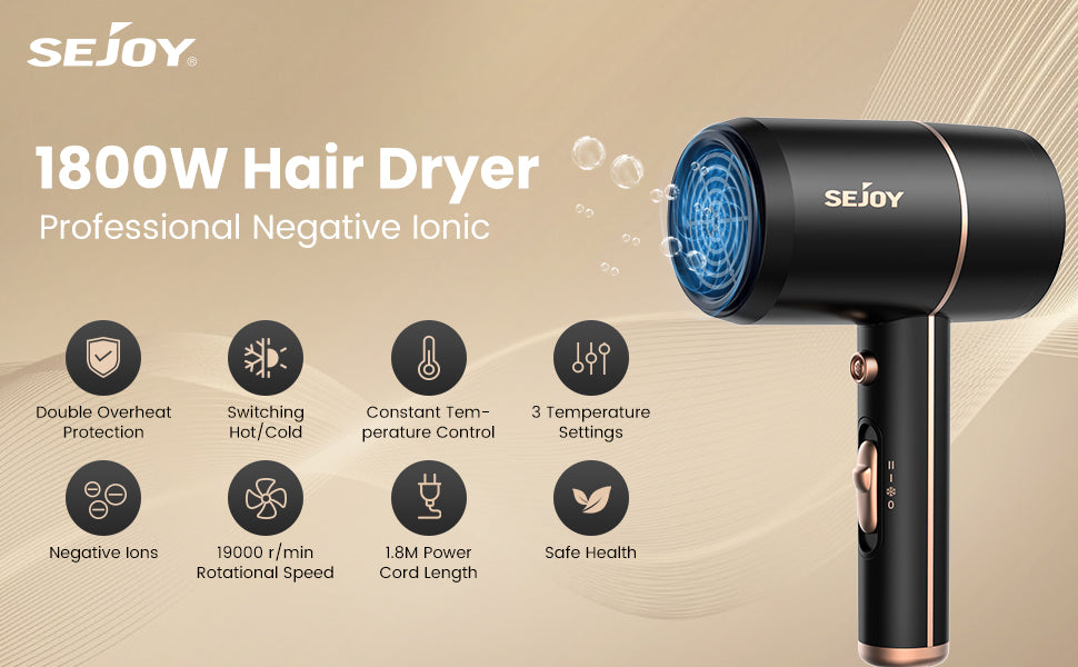 Sèche-cheveux professionnel SEJOY 1800 W, sèche-cheveux ionique avec buse négative