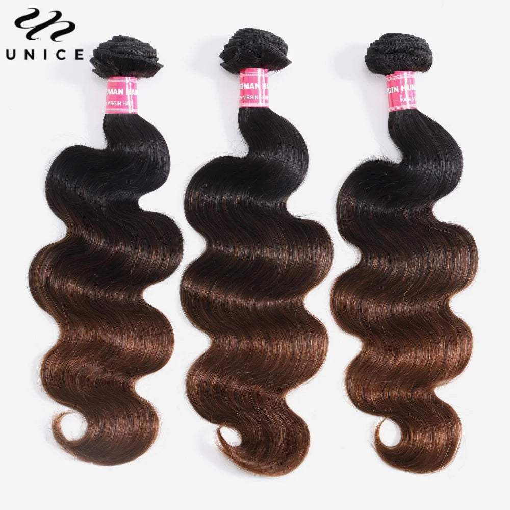 Extensions de cheveux humains Body Wave brun ombré UNice Hair, lot de 1, 3 ou 4 pièces, tissages rapides à coudre, 100 g par lot