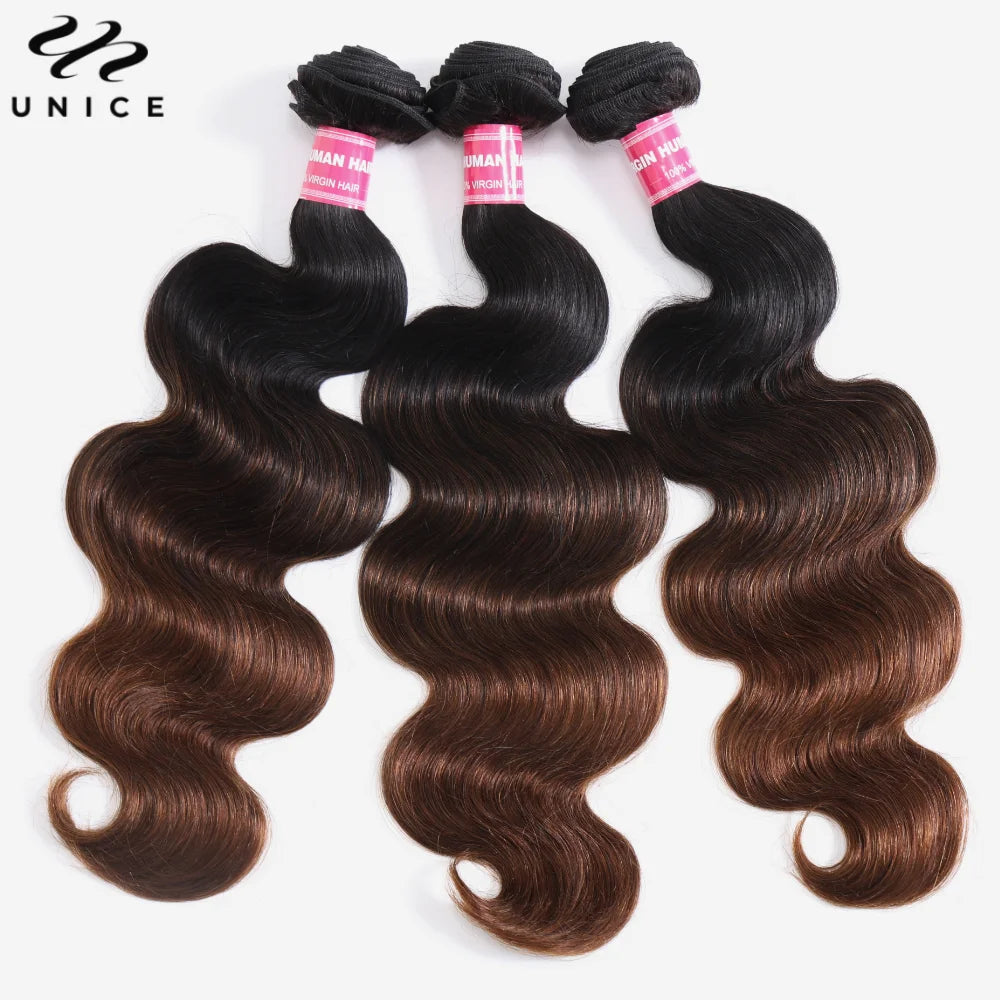 Extensions de cheveux humains Body Wave brun ombré UNice Hair, lot de 1, 3 ou 4 pièces, tissages rapides à coudre, 100 g par lot