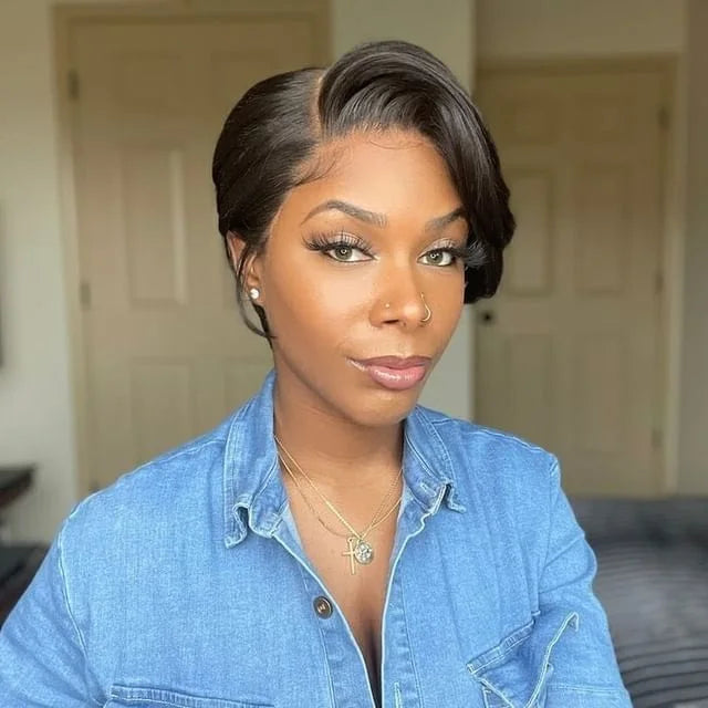 Title / Titre
EN: 180% Density Short Straight Pixie Cut Wig – HD Lace Frontal, 100% Human Hair
FR: Perruque courte coupe Pixie lisse densité 180 % – Lace frontal HD, cheveux 100 % humains
