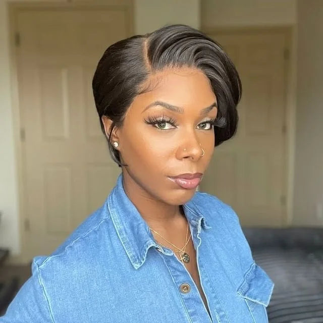 Title / Titre
EN: 180% Density Short Straight Pixie Cut Wig – HD Lace Frontal, 100% Human Hair
FR: Perruque courte coupe Pixie lisse densité 180 % – Lace frontal HD, cheveux 100 % humains