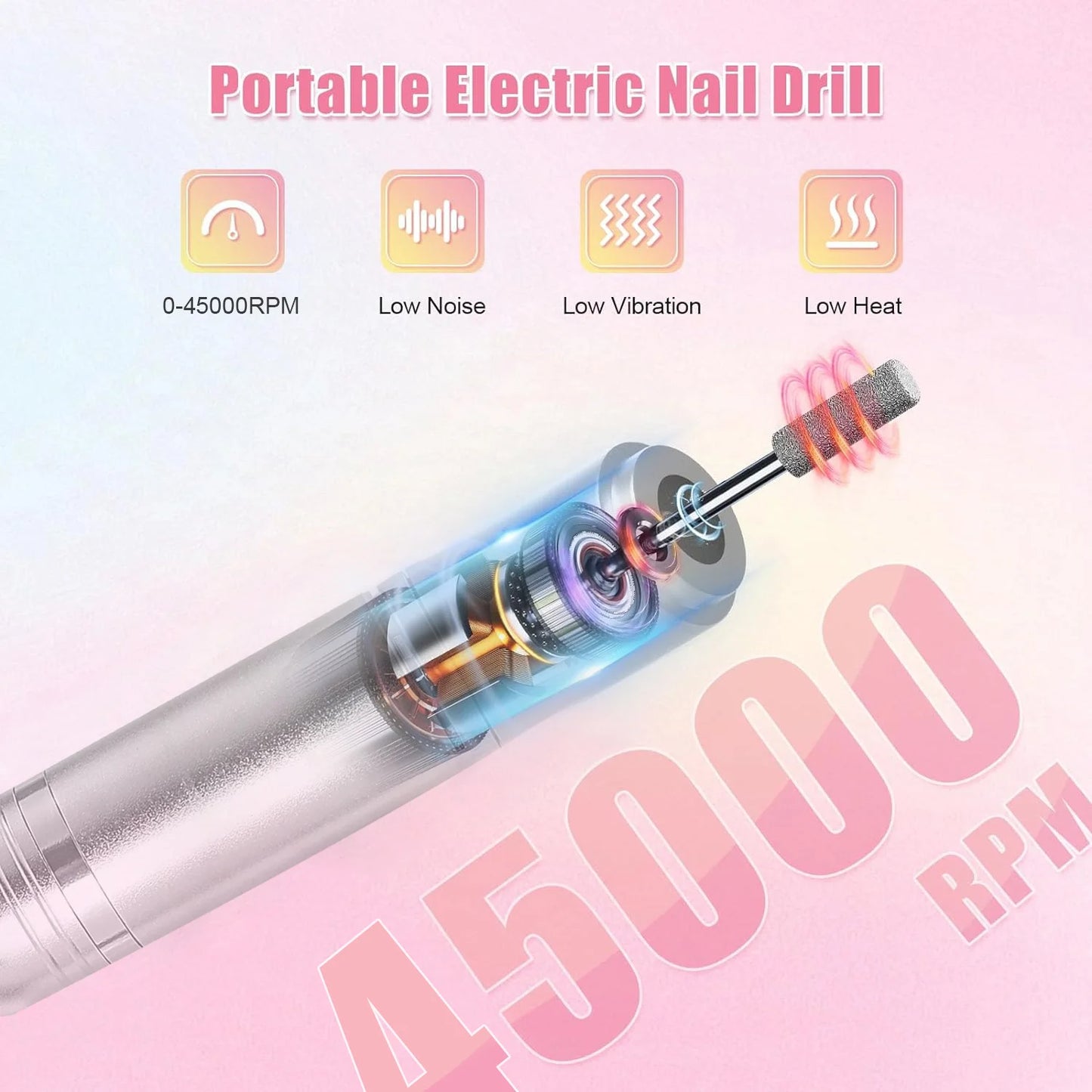 Ponceuse à ongles électrique professionnelle rechargeable 45 000 tr/min, lime à ongles portable sans fil pour enlever les ongles en gel acrylique