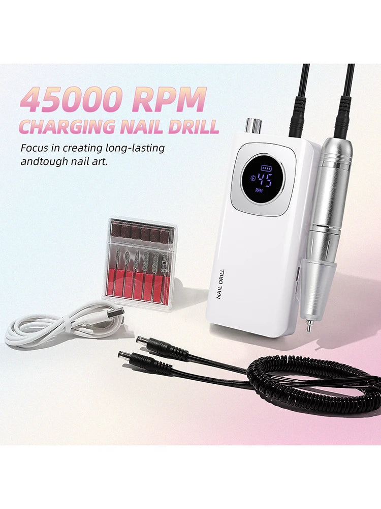 Ponceuse à ongles électrique professionnelle rechargeable 45 000 tr/min, lime à ongles portable sans fil pour enlever les ongles en gel acrylique