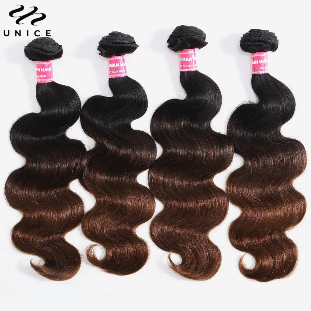 Extensions de cheveux humains Body Wave brun ombré UNice Hair, lot de 1, 3 ou 4 pièces, tissages rapides à coudre, 100 g par lot