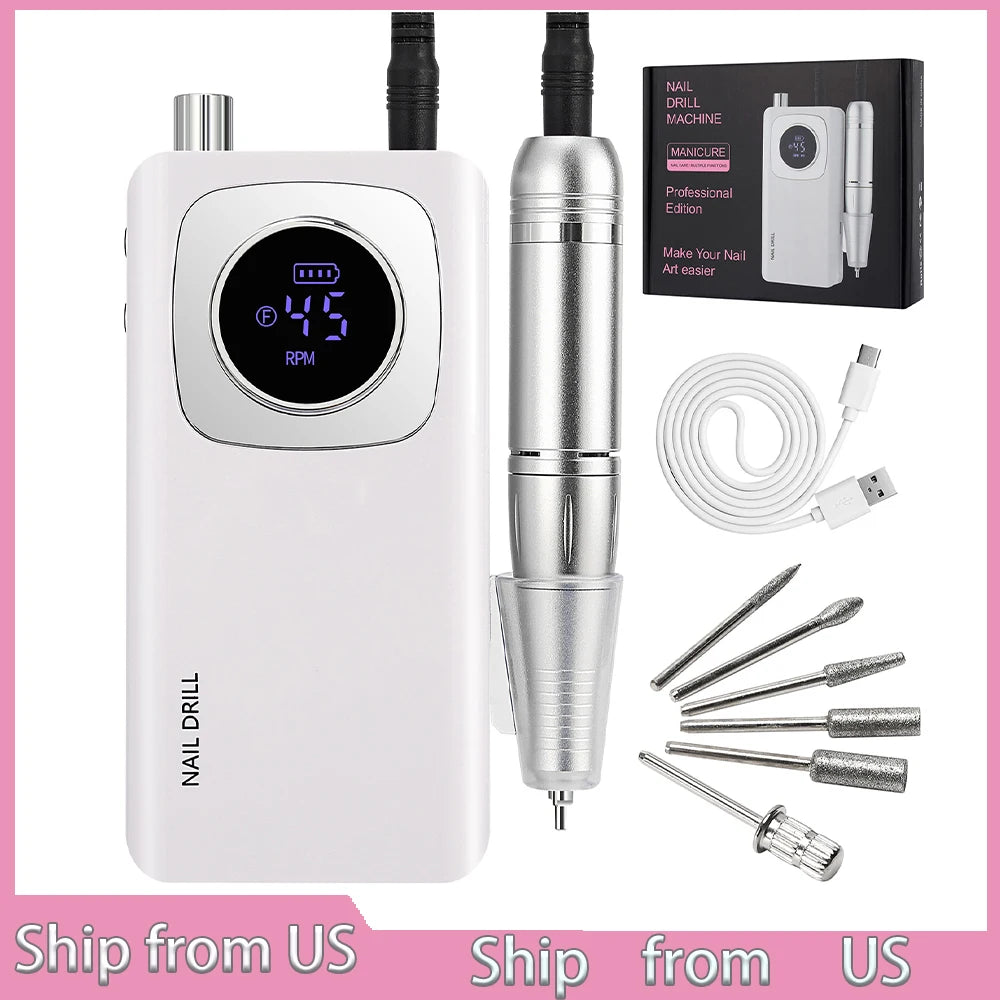 Ponceuse à ongles électrique professionnelle rechargeable 45 000 tr/min, lime à ongles portable sans fil pour enlever les ongles en gel acrylique