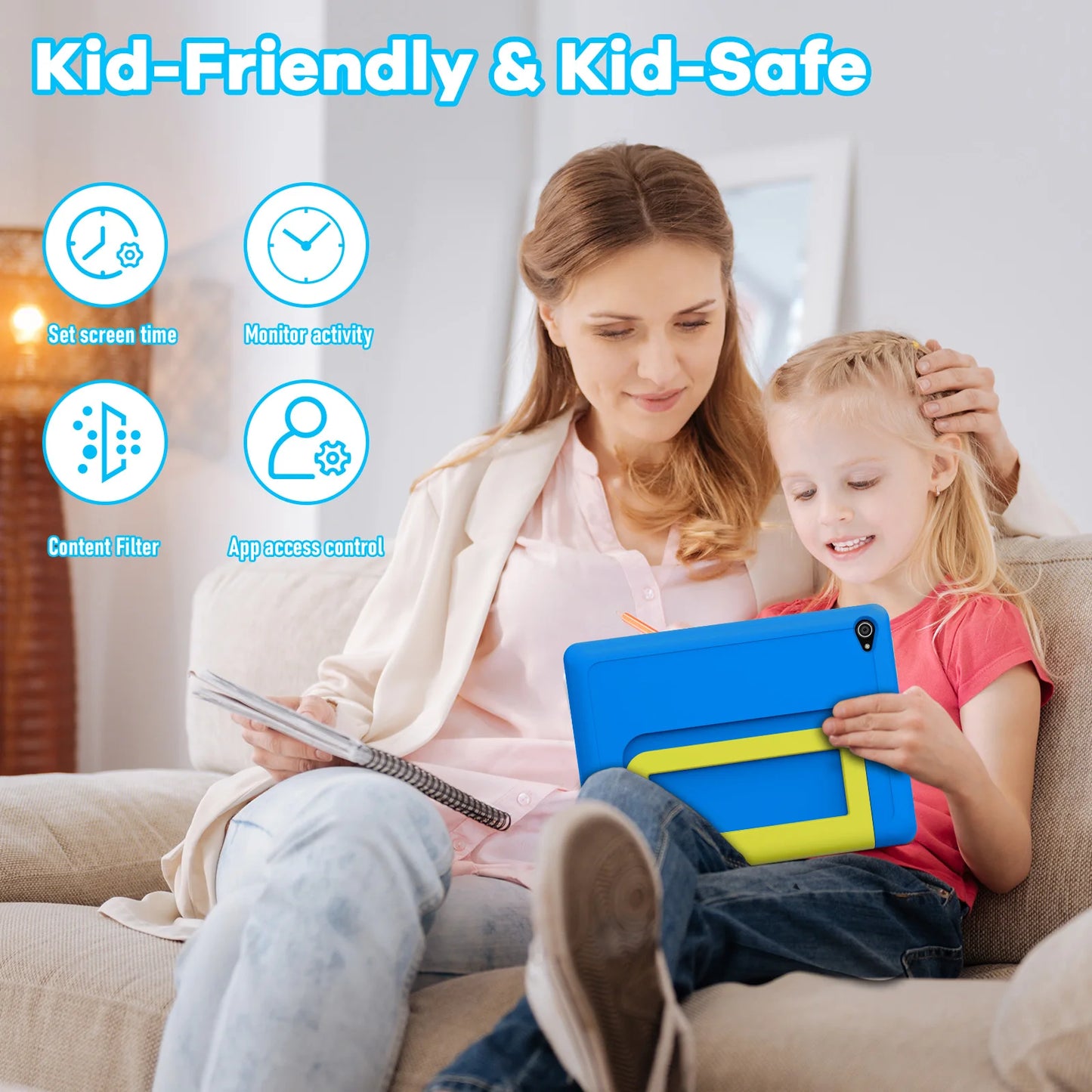 Tablette enfant KT1016 10,1 pouces Android 14 Quad Core 8 Go RAM 64 Go ROM 1 To extensible WiFi Bluetooth Cadeau enfant Logiciel PC Pad