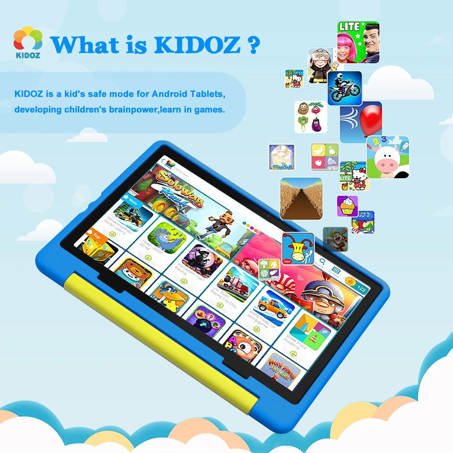 Tablette enfant KT1016 10,1 pouces Android 14 Quad Core 8 Go RAM 64 Go ROM 1 To extensible WiFi Bluetooth Cadeau enfant Logiciel PC Pad