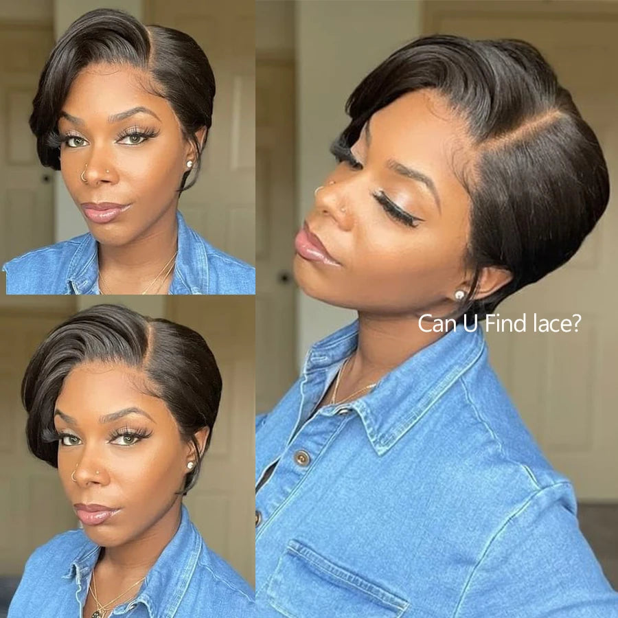 Title / Titre
EN: 180% Density Short Straight Pixie Cut Wig – HD Lace Frontal, 100% Human Hair
FR: Perruque courte coupe Pixie lisse densité 180 % – Lace frontal HD, cheveux 100 % humains