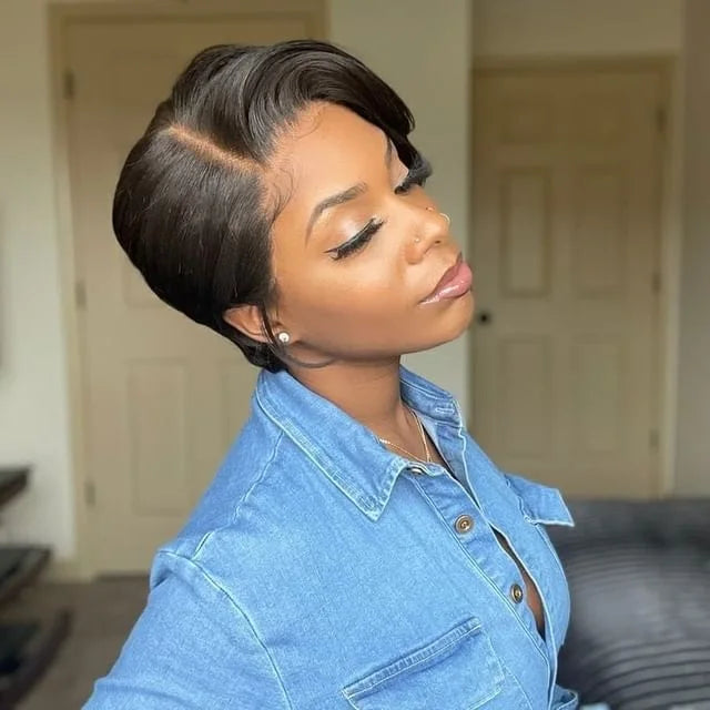 Title / Titre
EN: 180% Density Short Straight Pixie Cut Wig – HD Lace Frontal, 100% Human Hair
FR: Perruque courte coupe Pixie lisse densité 180 % – Lace frontal HD, cheveux 100 % humains