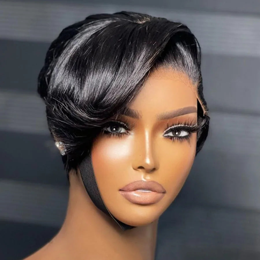 Title / Titre
EN: 180% Density Short Straight Pixie Cut Wig – HD Lace Frontal, 100% Human Hair
FR: Perruque courte coupe Pixie lisse densité 180 % – Lace frontal HD, cheveux 100 % humains