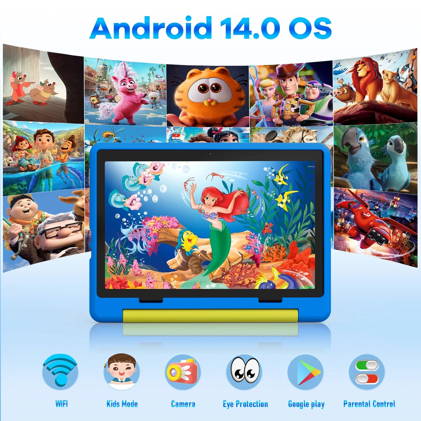 Tablette enfant KT1016 10,1 pouces Android 14 Quad Core 8 Go RAM 64 Go ROM 1 To extensible WiFi Bluetooth Cadeau enfant Logiciel PC Pad