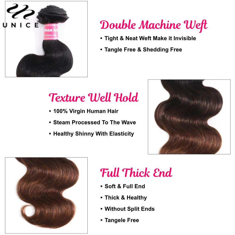 Extensions de cheveux humains Body Wave brun ombré UNice Hair, lot de 1, 3 ou 4 pièces, tissages rapides à coudre, 100 g par lot