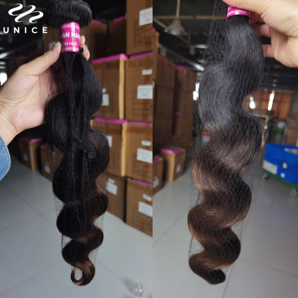 Extensions de cheveux humains Body Wave brun ombré UNice Hair, lot de 1, 3 ou 4 pièces, tissages rapides à coudre, 100 g par lot