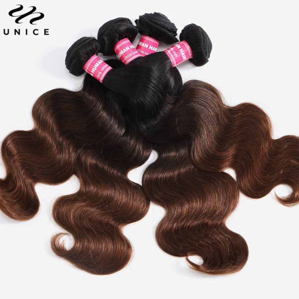 Extensions de cheveux humains Body Wave brun ombré UNice Hair, lot de 1, 3 ou 4 pièces, tissages rapides à coudre, 100 g par lot