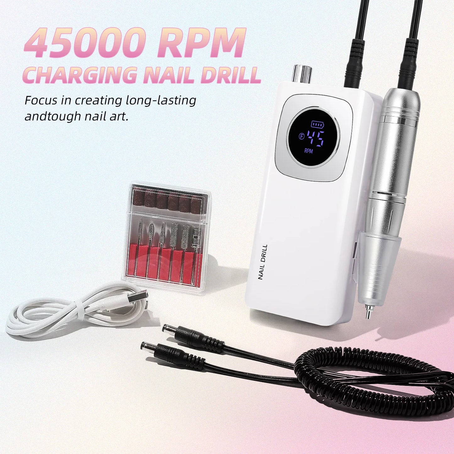 Ponceuse à ongles électrique professionnelle rechargeable 45 000 tr/min, lime à ongles portable sans fil pour enlever les ongles en gel acrylique