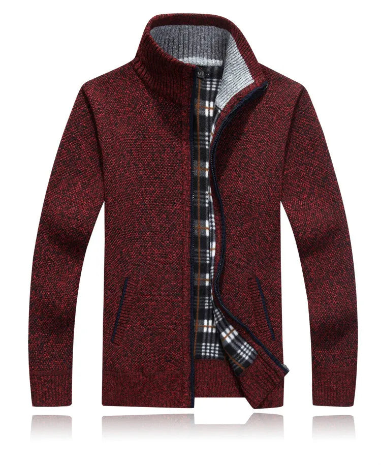 Winter Thick Men's Knitted Sweater Coat Off White Long Sleeve Cardigan Fleece Full Zip Male Causal Plus Size Clothing for Autumn