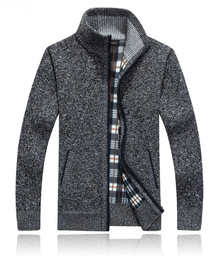 Winter Thick Men's Knitted Sweater Coat Off White Long Sleeve Cardigan Fleece Full Zip Male Causal Plus Size Clothing for Autumn
