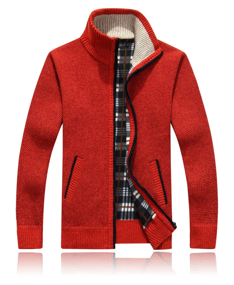 Winter Thick Men's Knitted Sweater Coat Off White Long Sleeve Cardigan Fleece Full Zip Male Causal Plus Size Clothing for Autumn