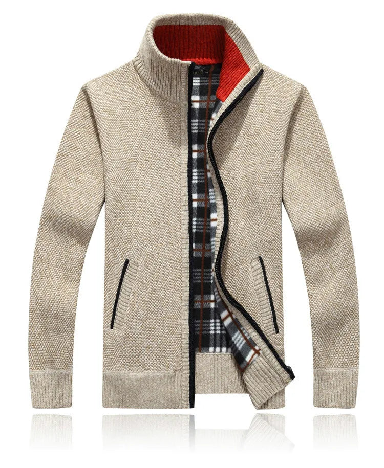 Winter Thick Men's Knitted Sweater Coat Off White Long Sleeve Cardigan Fleece Full Zip Male Causal Plus Size Clothing for Autumn