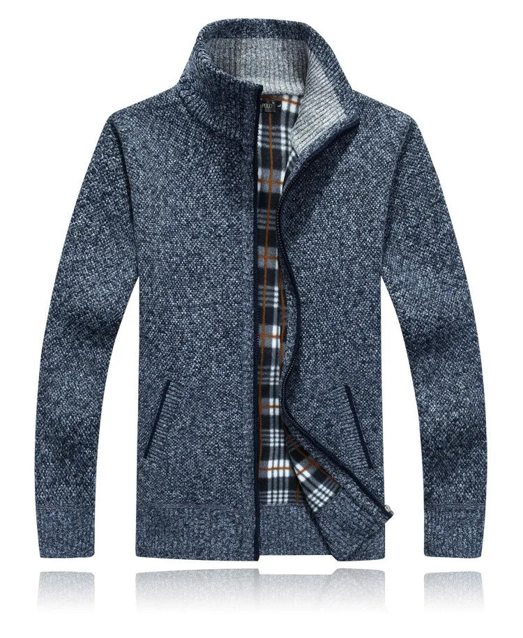 Winter Thick Men's Knitted Sweater Coat Off White Long Sleeve Cardigan Fleece Full Zip Male Causal Plus Size Clothing for Autumn