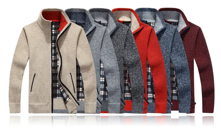 Winter Thick Men's Knitted Sweater Coat Off White Long Sleeve Cardigan Fleece Full Zip Male Causal Plus Size Clothing for Autumn