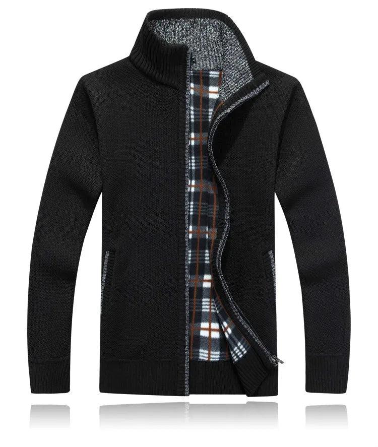 Winter Thick Men's Knitted Sweater Coat Off White Long Sleeve Cardigan Fleece Full Zip Male Causal Plus Size Clothing for Autumn