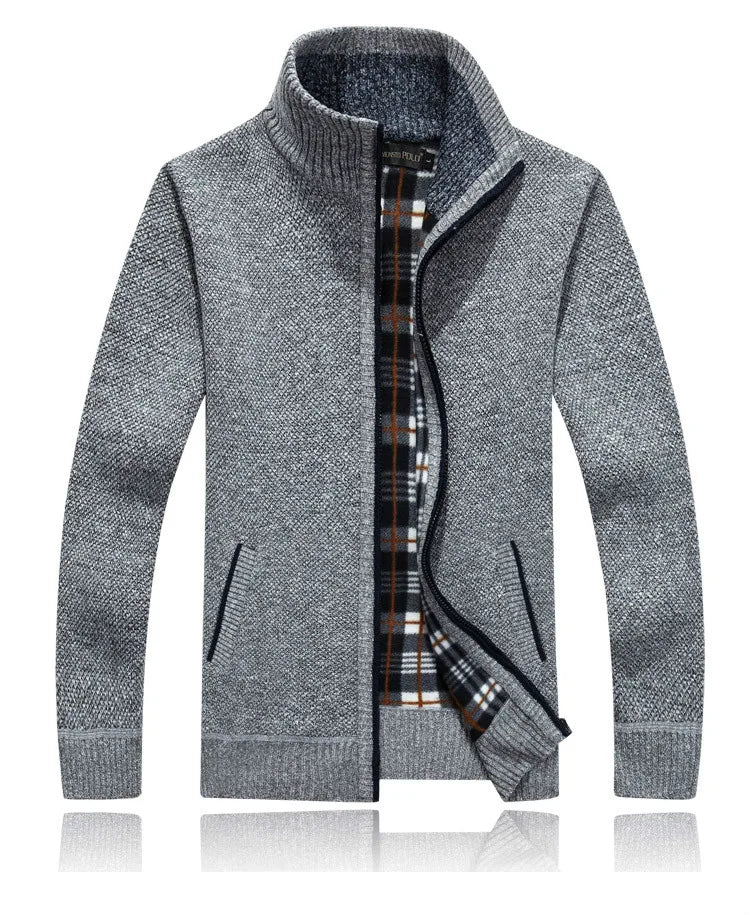 Winter Thick Men's Knitted Sweater Coat Off White Long Sleeve Cardigan Fleece Full Zip Male Causal Plus Size Clothing for Autumn