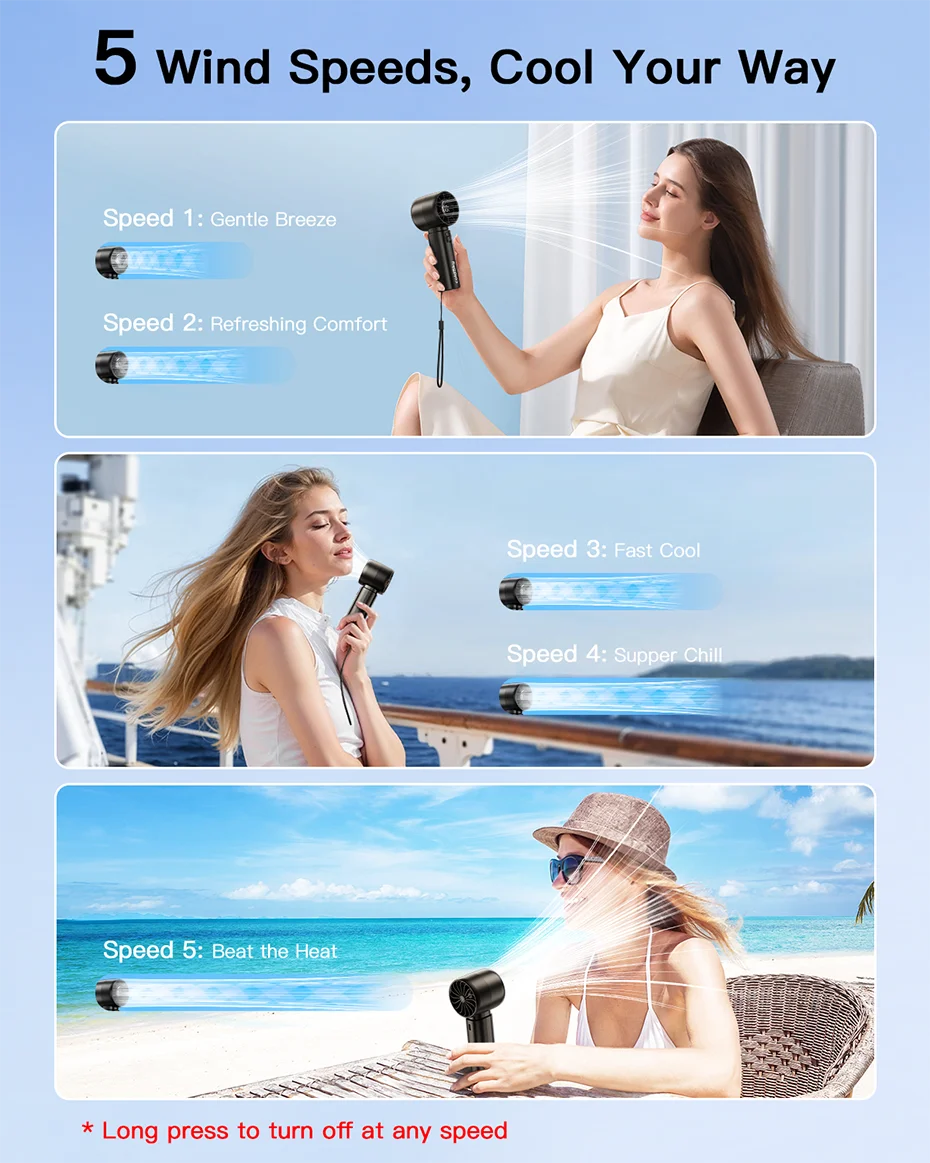 Mini ventilateur portable ColdSky, batterie 4000 mAh, rechargeable, avec écran LED, 5 vitesses, turbo, pour la plage, les voyages et les vacances.