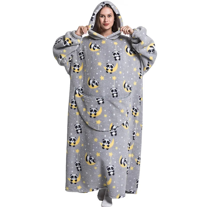 Super Long Wearable Blanket Hoodie Flannel Women Mens Oversized Hoodie Giant Blanket Sweatshirt Winter Thicken Pullover Fleece