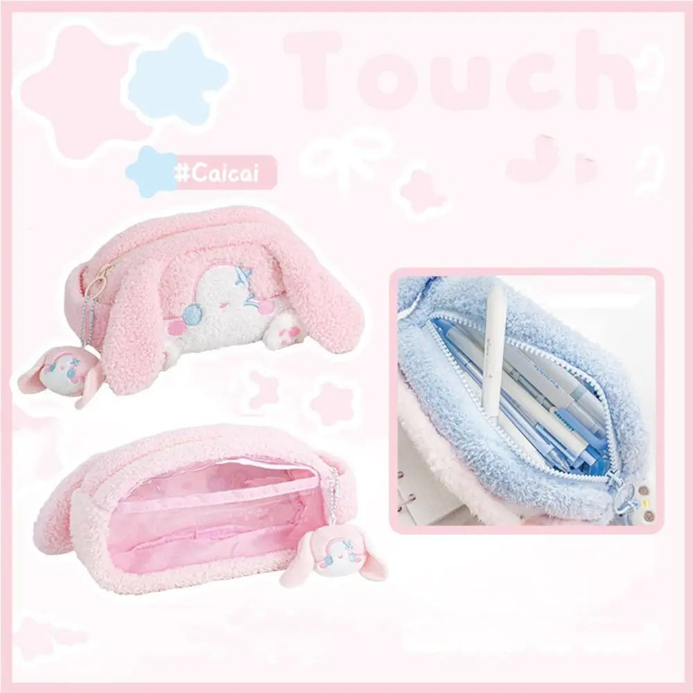 Multi-functional Large Capacity Plush Pencil Case Cartoon Kawaii Stationery Storage Pouch Viewable Window Pen Bag