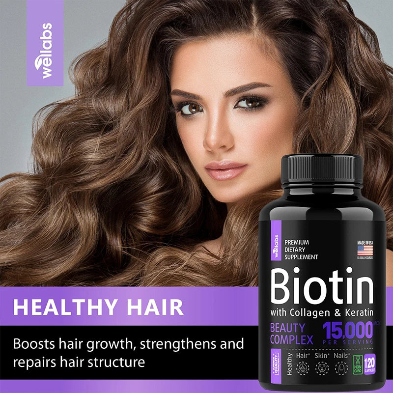 Complément alimentaire à la biotine, au collagène et à la kératine 15 000 mcg – Blanchiment des cheveux, de la peau et des ongles, adapté aux femmes et aux hommes