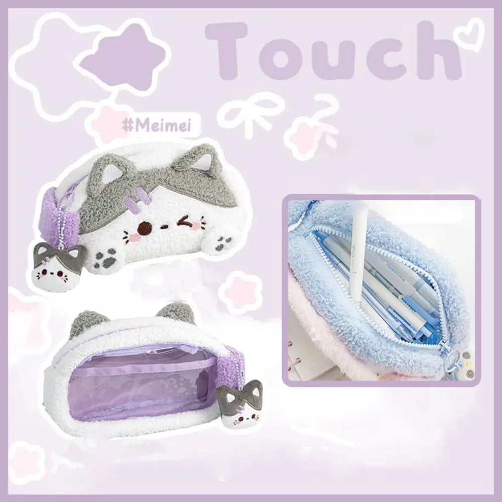 Multi-functional Large Capacity Plush Pencil Case Cartoon Kawaii Stationery Storage Pouch Viewable Window Pen Bag