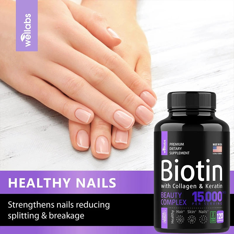 Complément alimentaire à la biotine, au collagène et à la kératine 15 000 mcg – Blanchiment des cheveux, de la peau et des ongles, adapté aux femmes et aux hommes