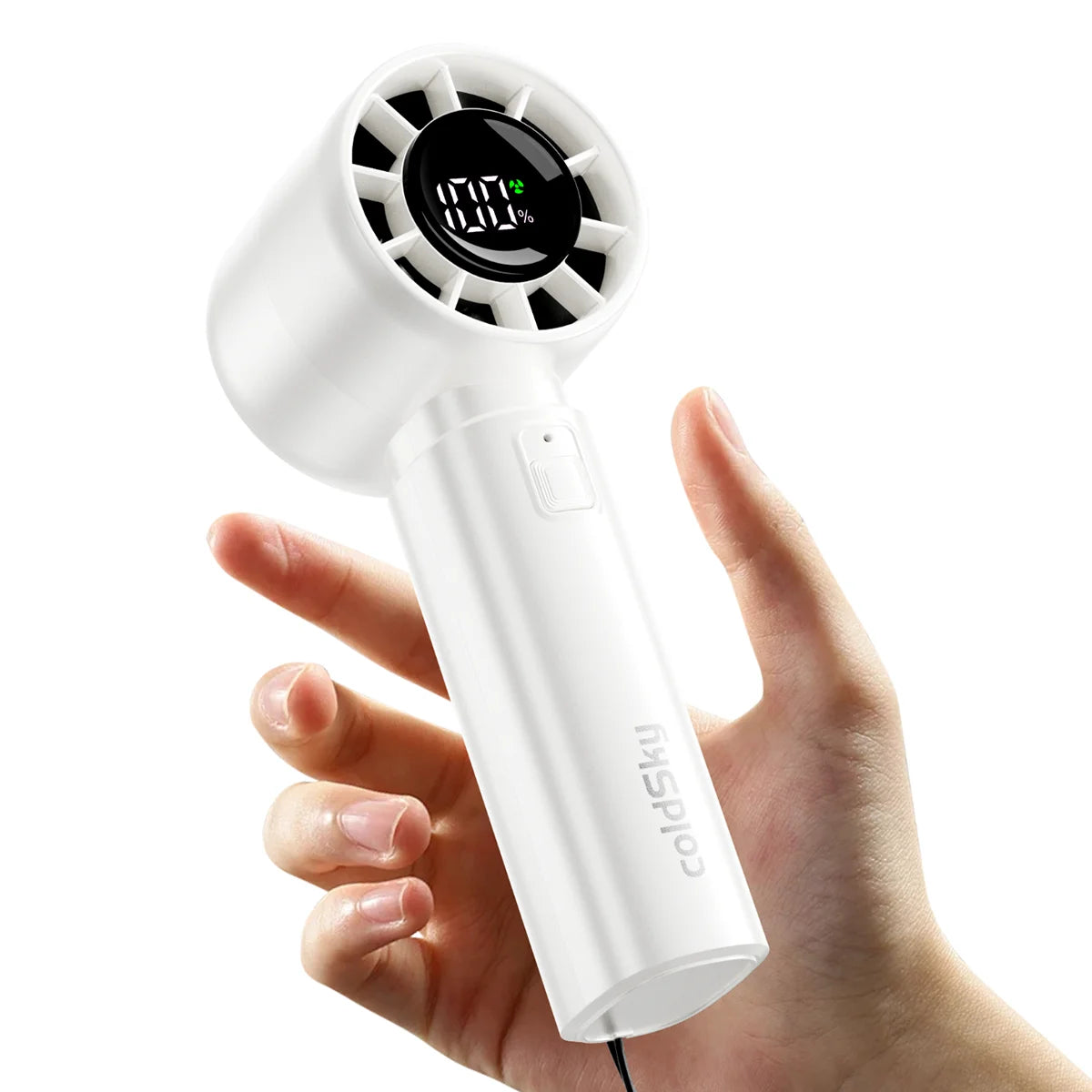 Mini ventilateur portable ColdSky, batterie 4000 mAh, rechargeable, avec écran LED, 5 vitesses, turbo, pour la plage, les voyages et les vacances.