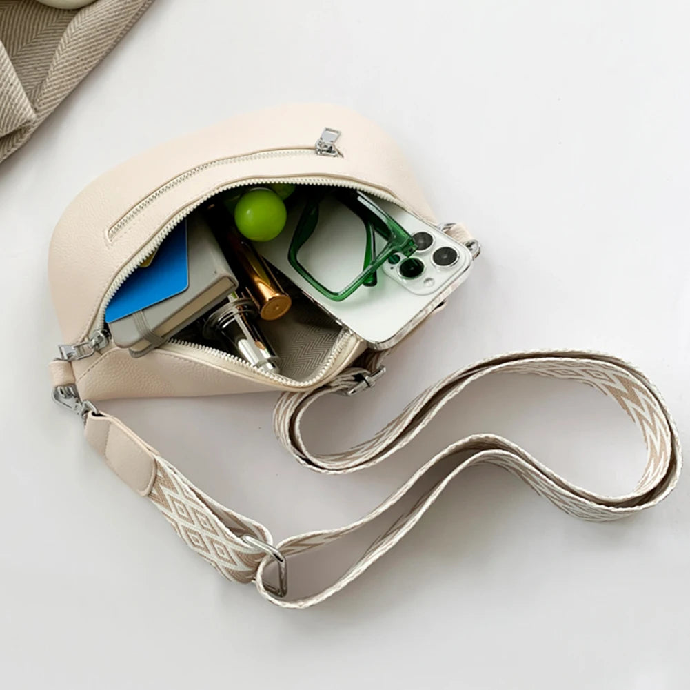 Women Stylish Crossbody Bag with Wide Strap Simple Shoulder Bag Multi-pocket Casual Bum Bag Travel Outdoor Bag