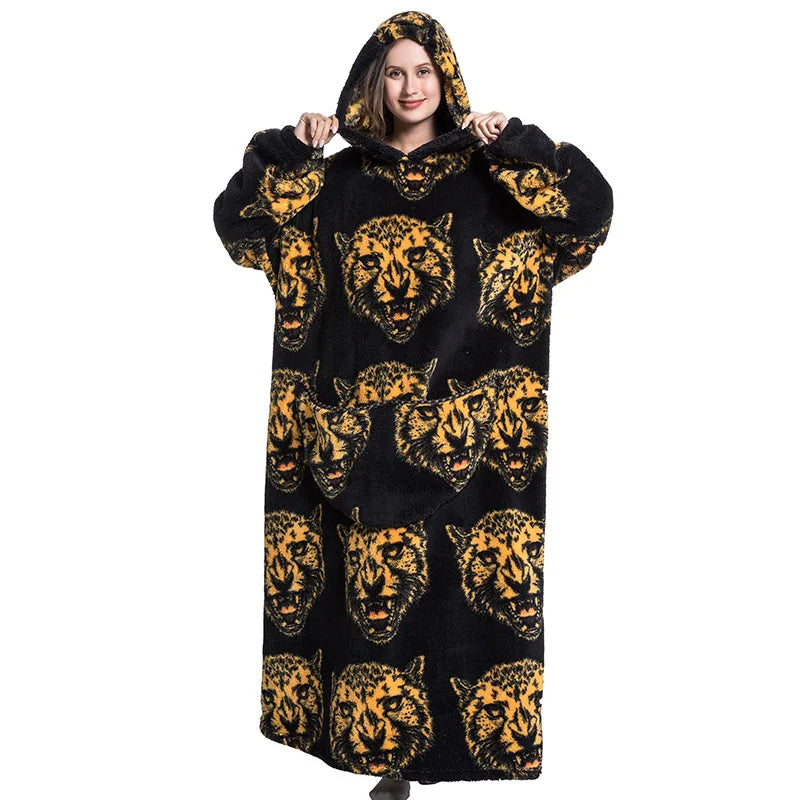 Super Long Wearable Blanket Hoodie Flannel Women Mens Oversized Hoodie Giant Blanket Sweatshirt Winter Thicken Pullover Fleece