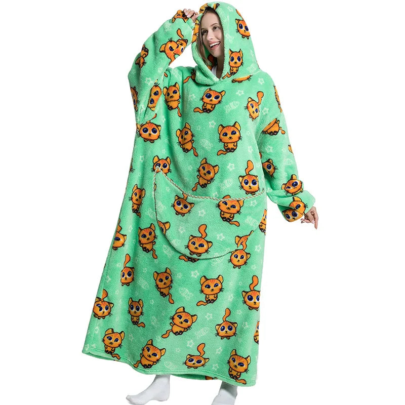 Super Long Wearable Blanket Hoodie Flannel Women Mens Oversized Hoodie Giant Blanket Sweatshirt Winter Thicken Pullover Fleece