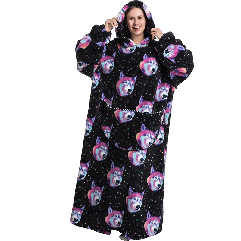 Super Long Wearable Blanket Hoodie Flannel Women Mens Oversized Hoodie Giant Blanket Sweatshirt Winter Thicken Pullover Fleece