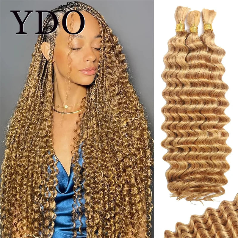 ---
Title / Titre
EN: Bulk Human Hair for Braiding – Honey Blonde 27#, Deep Wave, Curly, No Weft Extensions for Boho and Box Braids
FR: Cheveux humains en vrac pour tresses – Blond miel 27#, ondulation profonde, bouclés