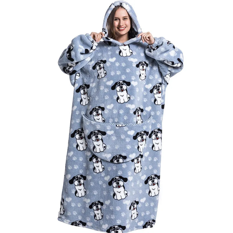 Super Long Wearable Blanket Hoodie Flannel Women Mens Oversized Hoodie Giant Blanket Sweatshirt Winter Thicken Pullover Fleece