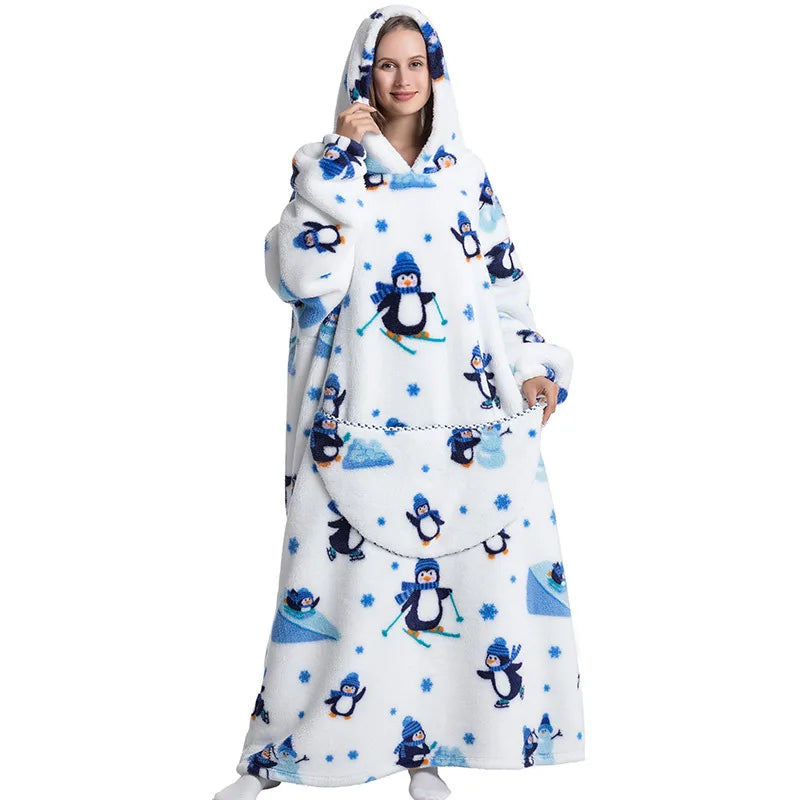 Super Long Wearable Blanket Hoodie Flannel Women Mens Oversized Hoodie Giant Blanket Sweatshirt Winter Thicken Pullover Fleece