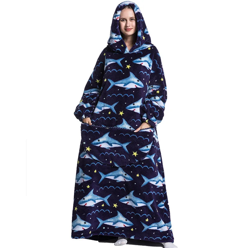 Super Long Wearable Blanket Hoodie Flannel Women Mens Oversized Hoodie Giant Blanket Sweatshirt Winter Thicken Pullover Fleece