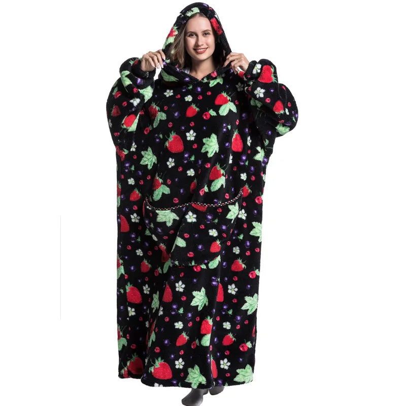 Super Long Wearable Blanket Hoodie Flannel Women Mens Oversized Hoodie Giant Blanket Sweatshirt Winter Thicken Pullover Fleece