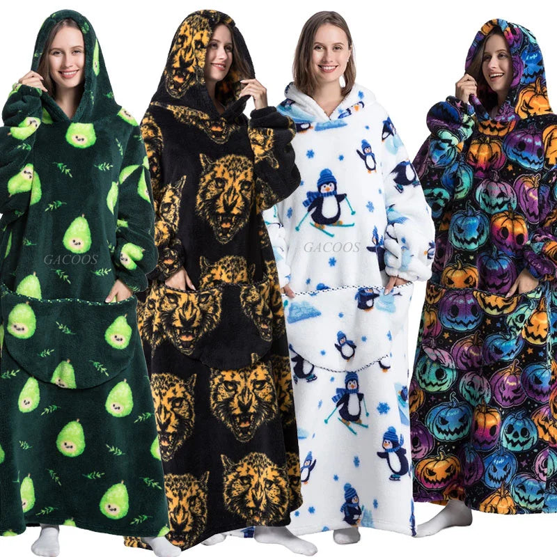 Super Long Wearable Blanket Hoodie Flannel Women Mens Oversized Hoodie Giant Blanket Sweatshirt Winter Thicken Pullover Fleece
