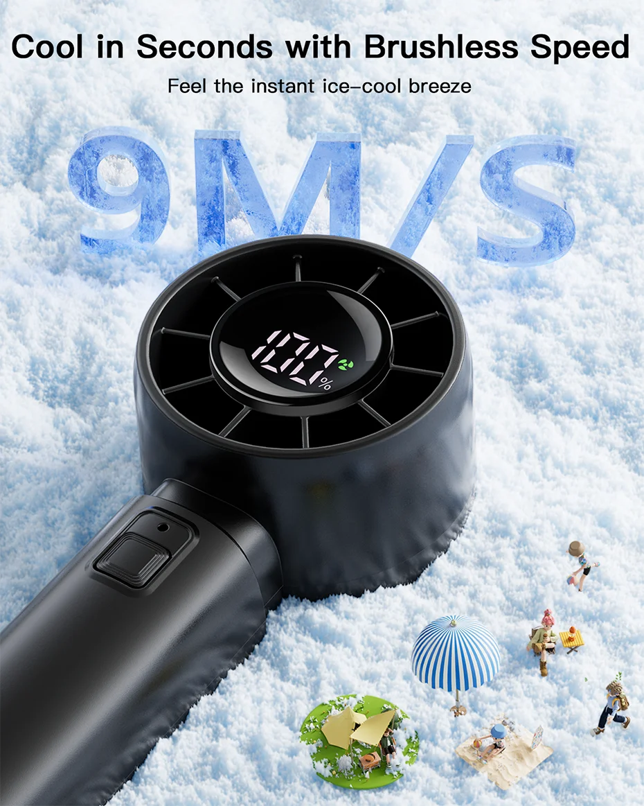 Mini ventilateur portable ColdSky, batterie 4000 mAh, rechargeable, avec écran LED, 5 vitesses, turbo, pour la plage, les voyages et les vacances.