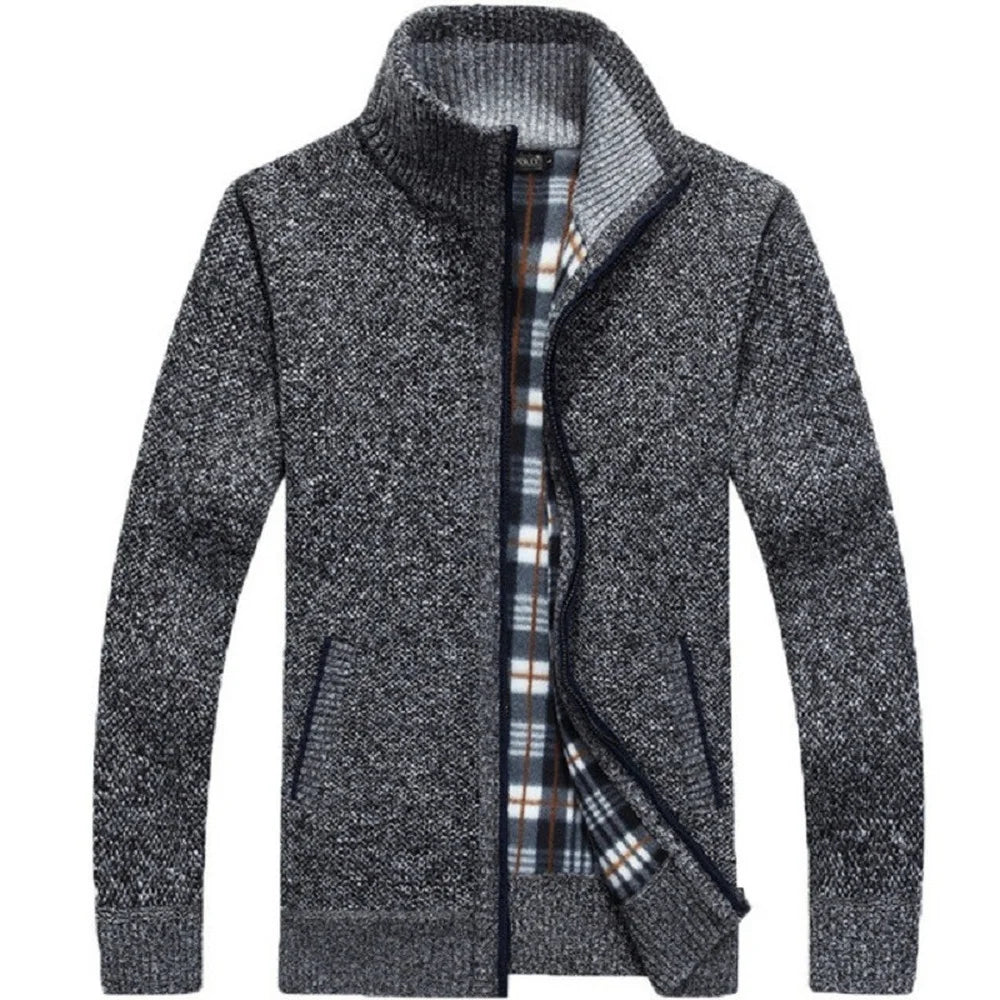 Winter Thick Men's Knitted Sweater Coat Off White Long Sleeve Cardigan Fleece Full Zip Male Causal Plus Size Clothing for Autumn