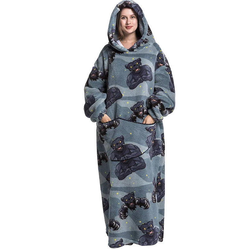 Super Long Wearable Blanket Hoodie Flannel Women Mens Oversized Hoodie Giant Blanket Sweatshirt Winter Thicken Pullover Fleece