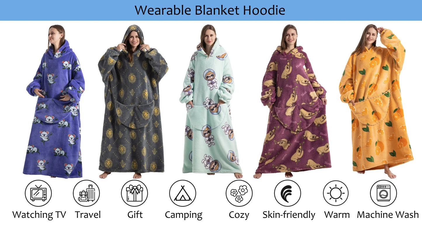 Super Long Wearable Blanket Hoodie Flannel Women Mens Oversized Hoodie Giant Blanket Sweatshirt Winter Thicken Pullover Fleece