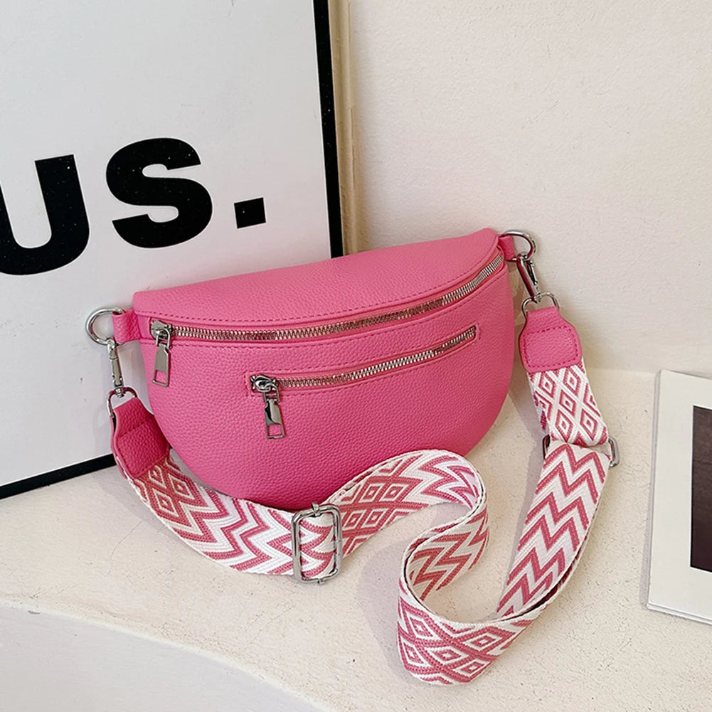 Women Stylish Crossbody Bag with Wide Strap Simple Shoulder Bag Multi-pocket Casual Bum Bag Travel Outdoor Bag