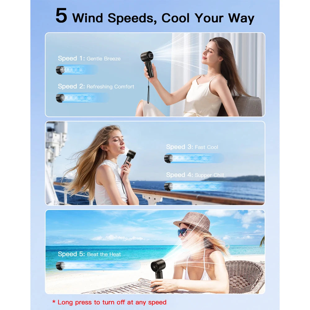 Mini ventilateur portable ColdSky, batterie 4000 mAh, rechargeable, avec écran LED, 5 vitesses, turbo, pour la plage, les voyages et les vacances.